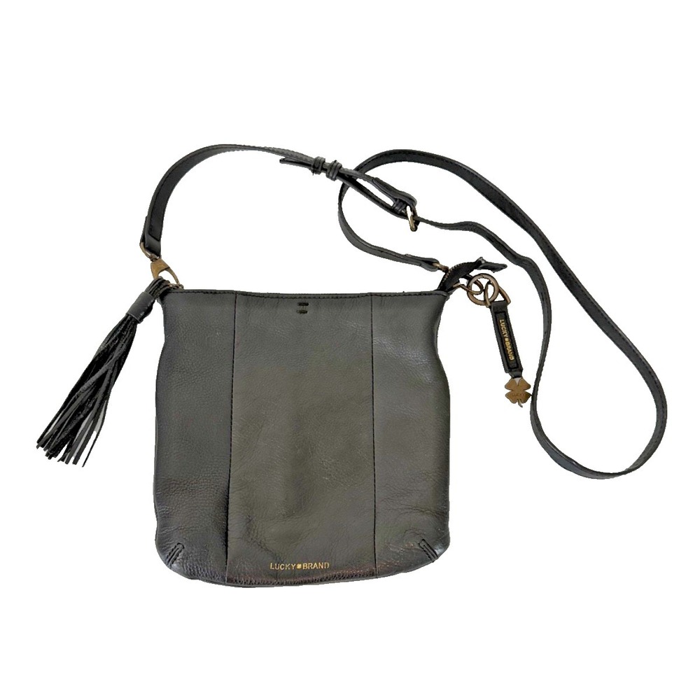 Lucky Brand Black Leather Crossbody Bag Tassel Adjustable Hobo Boho Minimalist